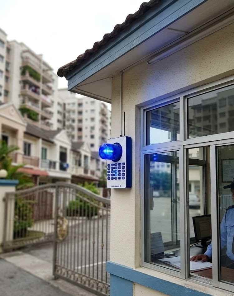 Wireless panic alarm receiver at gated society security gate with beacon and apartment indicator