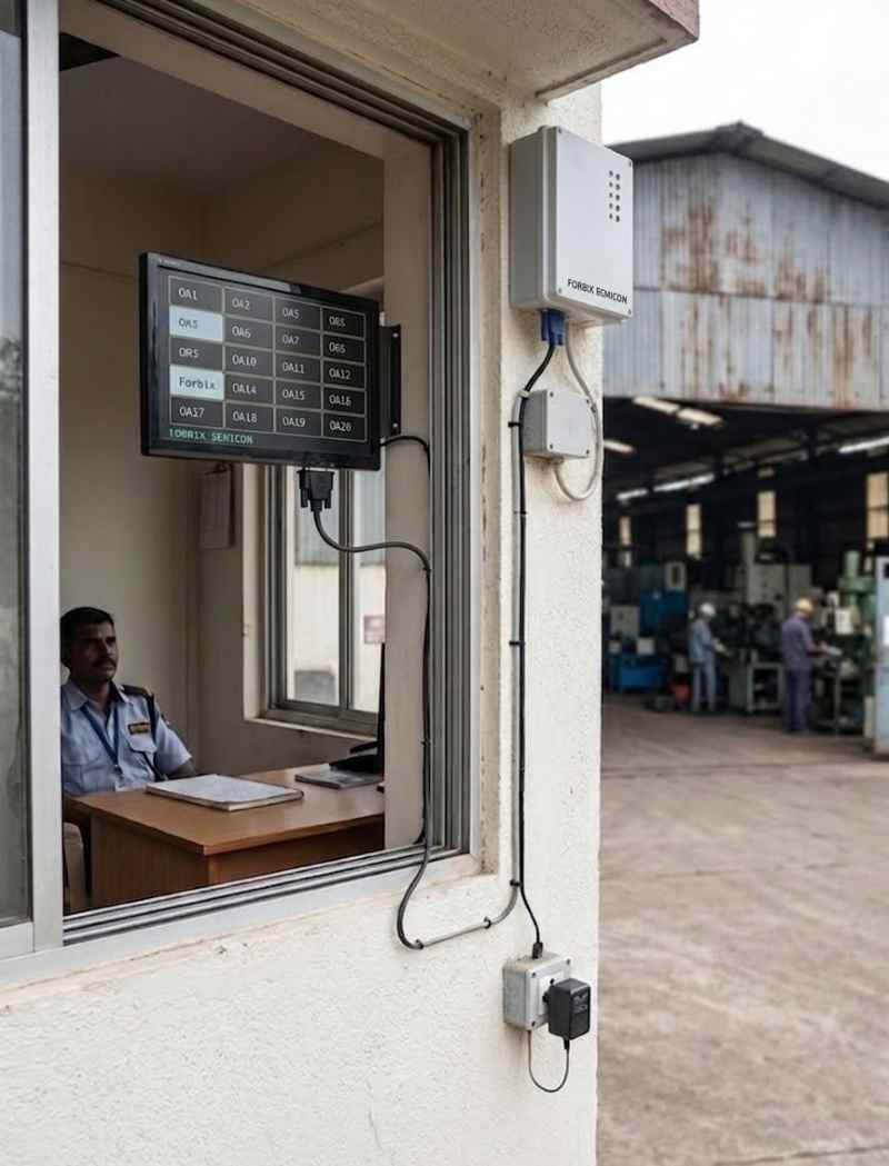 LCD monitor at factory security gate showing truck unload and batch messages